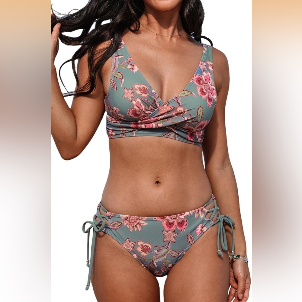 Cupshe Sage Green Floral Wrap V-Neck Tie-Side Bikini